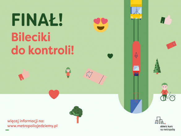 Grafika przedstawiająca pojazdy komunikacji miejskiej, drzew, serce i bilet