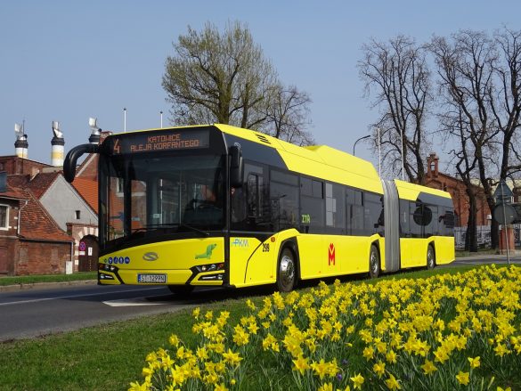 Żółty autobus w trasie, na pierwszym planie kwietnik z żółtymi kwiatami