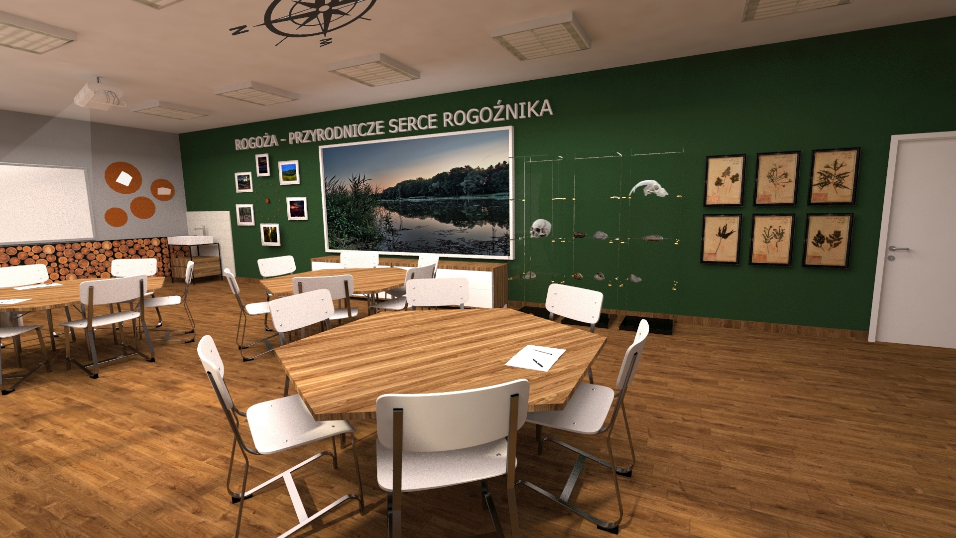Ilustracja przedstawiająca salę lekcyjną ze stolikami wokół których stoją krzesła, na ścianach obrazki oraz duży plakat