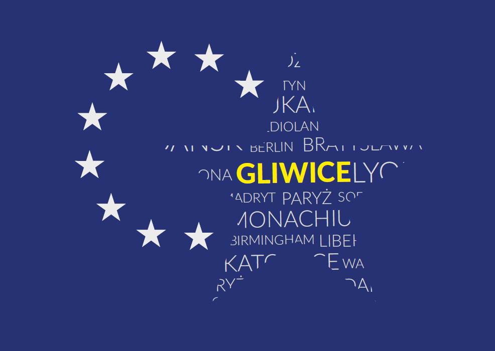 Plakat z napisem Gliwice na tle gwiazd z flagi UE