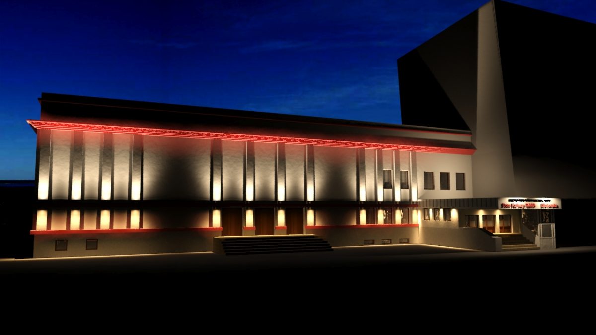 Zdjęcie domu kultury w Bieruniu w oświetleniu nocnym