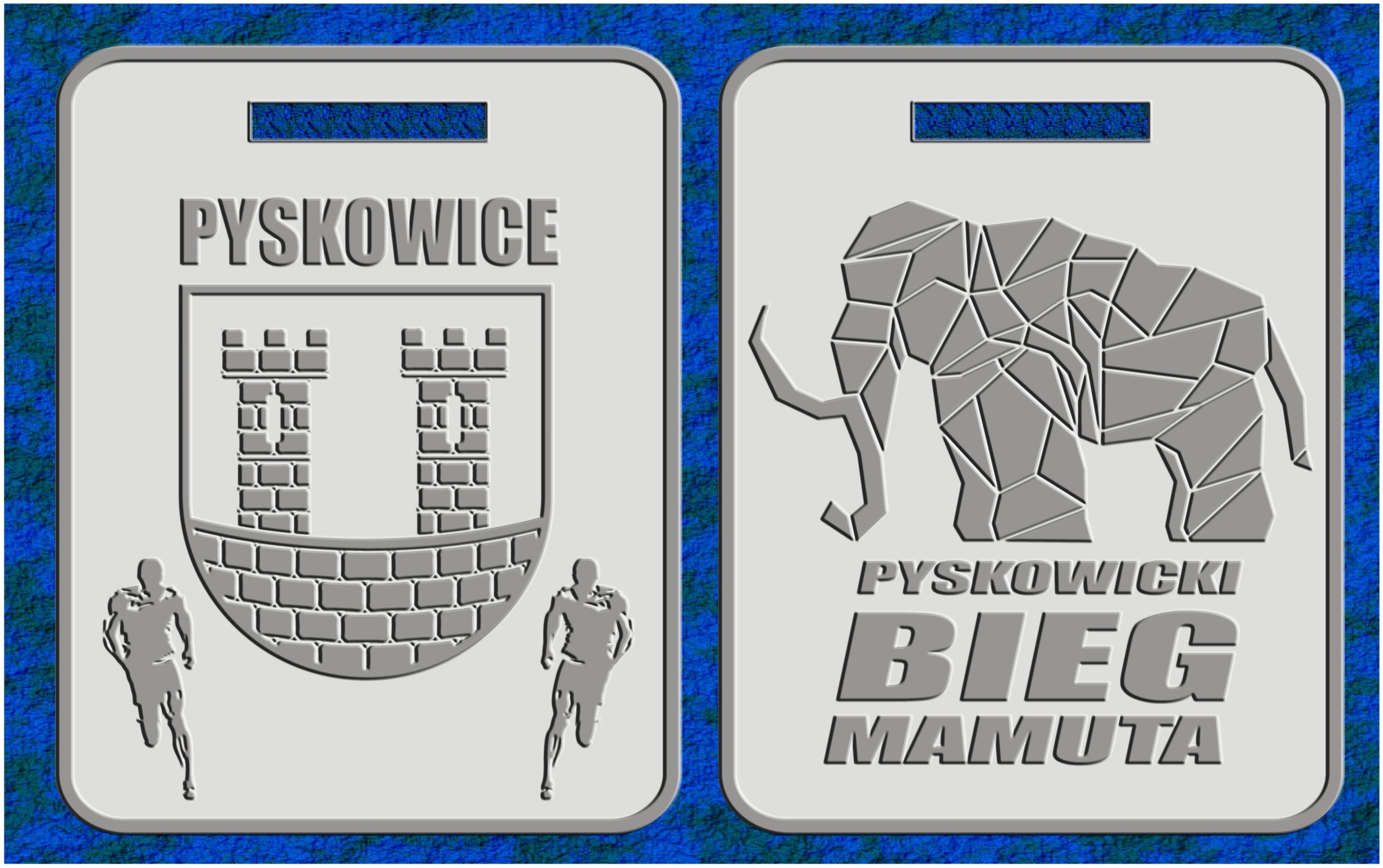 Grafika przedstawiająca z jednej strony herb Pyskowice wykonany z kamienia a z drugiej strony słonia również wykonanego z kamienia
