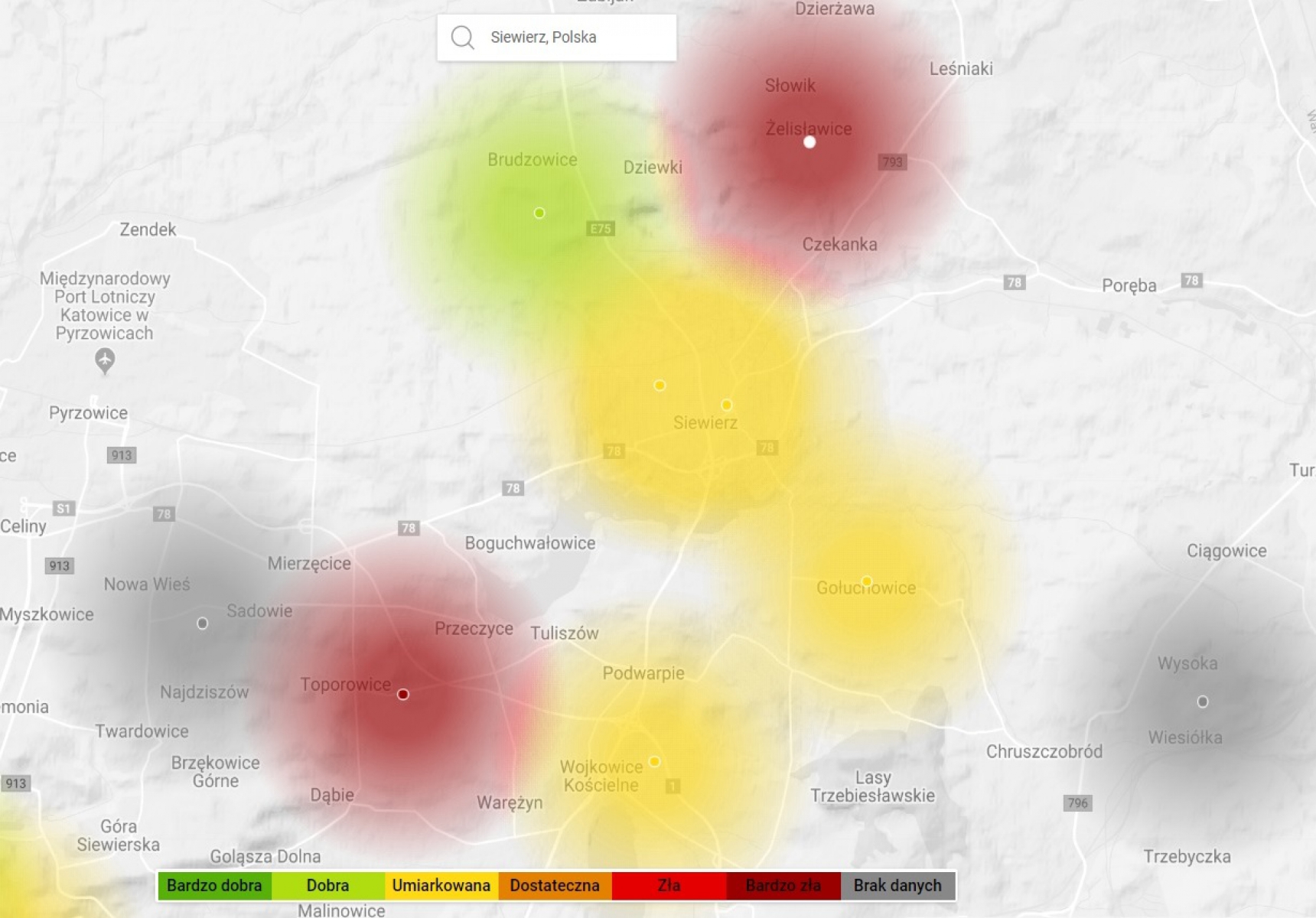Grafika przedstawiająca mapę gminy Siewierz z kolorowymi plamami, symbolizującymi jakość powietrza