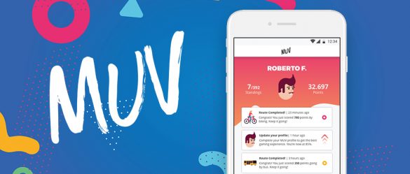 Baner z nazwą aplikacji MUV i telefonem typu smartfon