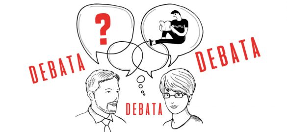 Kobieta i mężczyzna rozmyślający o czytelnictwie. Za nimi napisy debata.