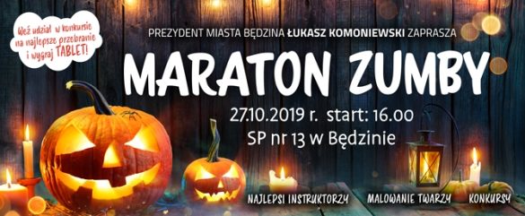 Ilustracja z napisem Maraton zumby z elementami dekoracyjnymi: dynie, świeczkik