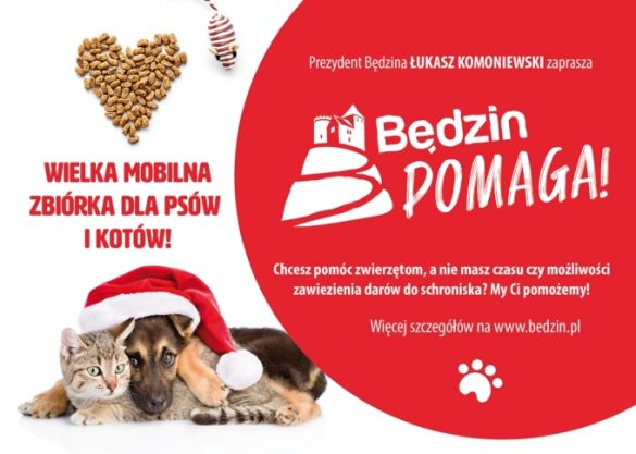 Plakat z napisem Wielka mobilna zbiórka dla psów i kotów ze zdjęciem zwierząt