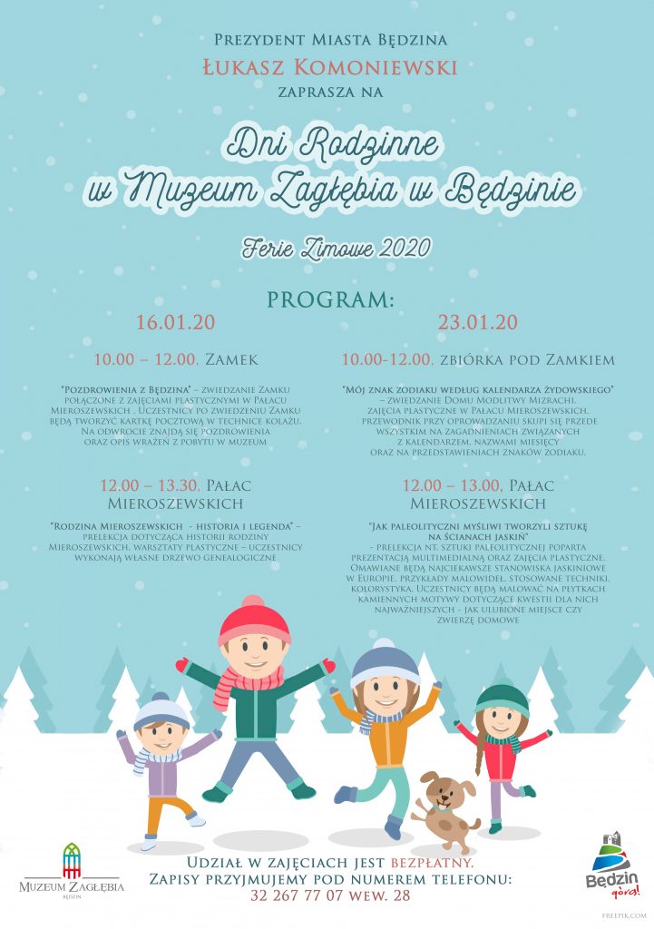 Plakat informujący o Dniach rodxinnych w Muzeum Zagłębia na tle grafiki przedstawiającej bawiące się dzieci na tle pejzażu zimowego