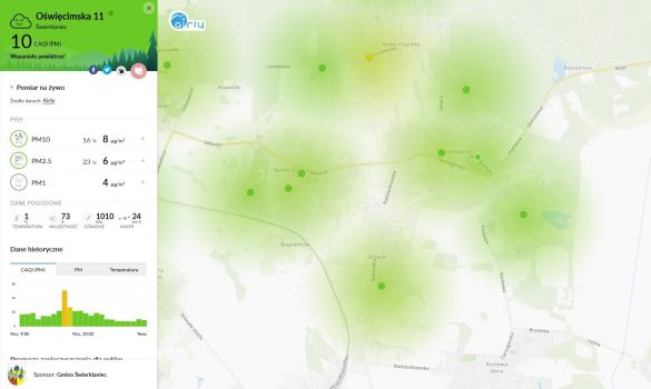 Mapa z zaznaczeniem obszarów pokrytych smogiem
