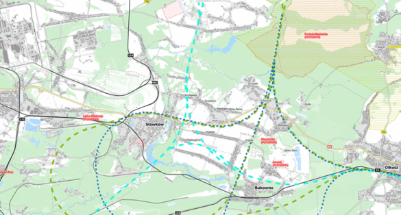 Mapa z planowanym przebiegiem linii do CPK