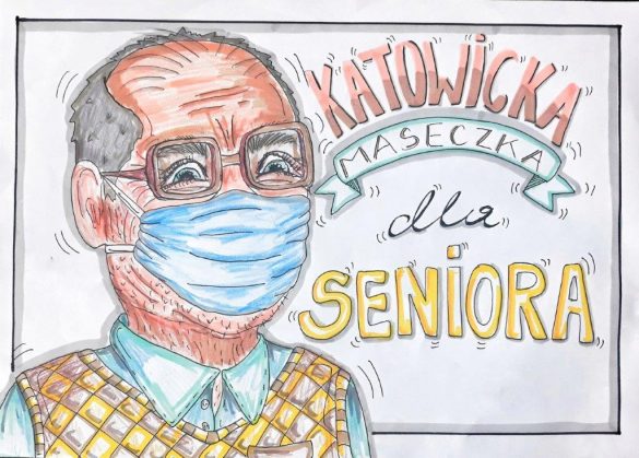 Rysunek seniora w masce ochronnej