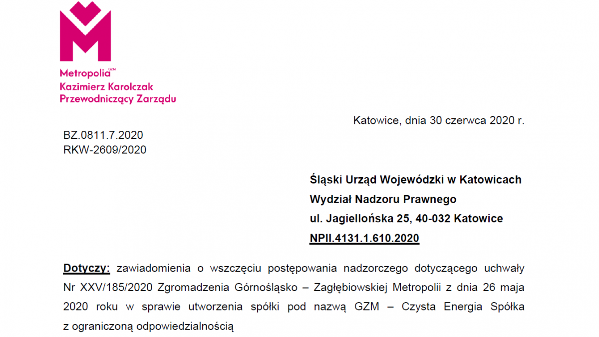 Zdjęcie przedstawia nagłówek pisma z wyjaśnieniami, które zostało przekazane do Urzędu Wojewódzkiego. W lewym górnym rogu znajduje się logo Metropolii