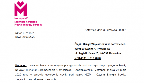 Zdjęcie przedstawia nagłówek pisma z wyjaśnieniami, które zostało przekazane do Urzędu Wojewódzkiego. W lewym górnym rogu znajduje się logo Metropolii
