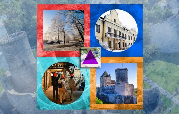 Ilustracja przedstawiająca zdjęcia zabytków Będzina w formie figur geometrycznych: kół, kwadratów i trójkata