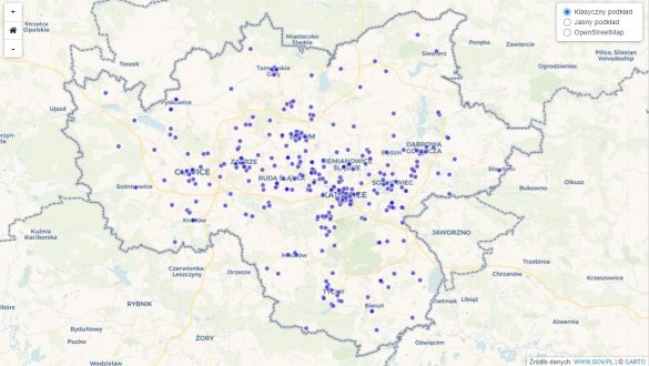 Mapa GZM z zaznaczonymi punktami szczepień