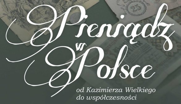Ilustracja z napisem Pieniądz w Polsce na tle fragmentu zdjęć banknotów