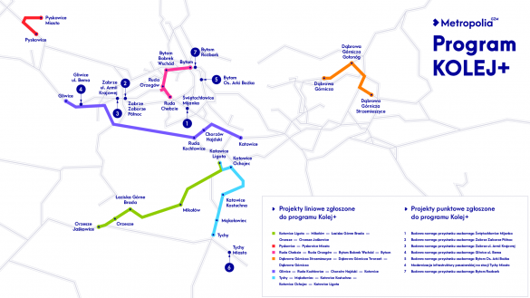 Mapa inwestycji kolejowych zgłoszonych przez Metropolię do programu Kolej PLUS
