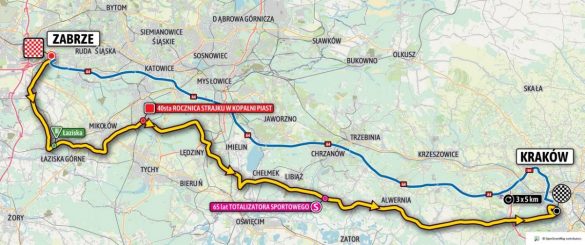 Mapa z zaznaczonym przebiegiem Tour de Pologne