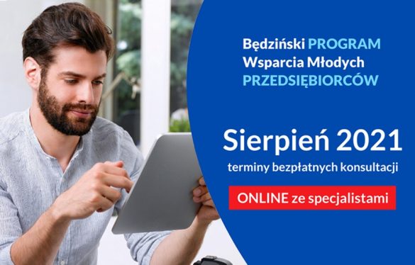 Ilustracja przedstawiająca młodego mężczyznę z tabletem w ręku oraz napisy informujące o Będzińskim Programie Wsparcia Młodych Przedsiębiorców sierpień 2021