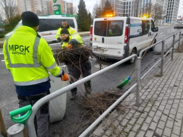 Służby miejskie usuwające skutki zamieci