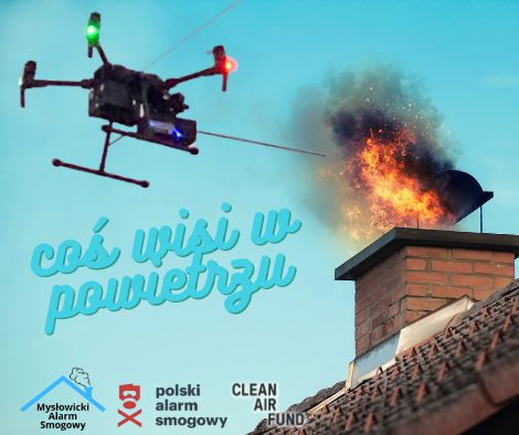Plakat z dronem nad kominem