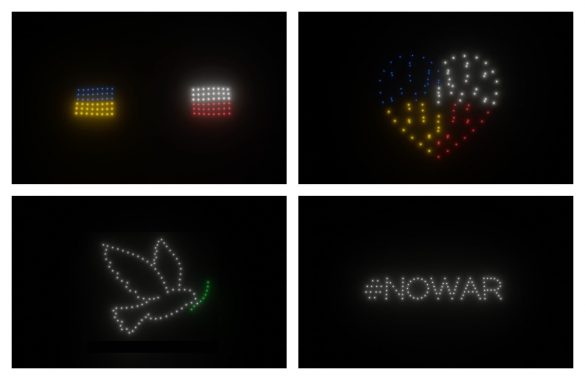 Flagi Polski i Ukrainy, serce, gołąb oraz napis #NOWAR wykonane przy użyciu dronów świetlnych