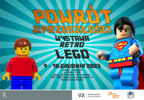 Infografika zapraszająca na wystawę retro z klocków LEGO w SCK Park Tradycji.