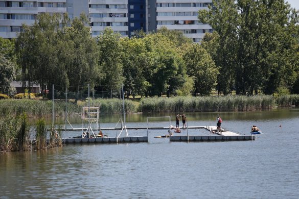 Na Stawie Maroko w Katowicach widać boisko do kajak polo, utworzone w 2018 roku. Obok niego znajduje się pływający pomost. Wokół stawu rosną wysokie trzciny i liczne drzewa, a w tle widać budynki mieszkalne. Kilka osób przebywa na pomoście i w wodzie, co sugeruje letni dzień.