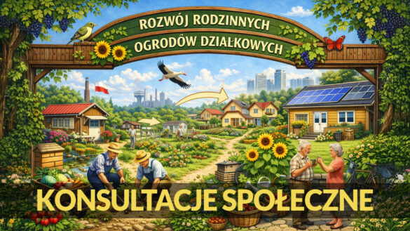 Obraz przedstawia kolorową, sielankową ilustrację promującą konsultacje społeczne dotyczące rozwoju rodzinnych ogrodów działkowych (ROD).