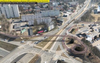 Wizualizacja velostrady w Sosnowcu. Nowoczesna kładka rowerowa nad ul. Piłsudskiego z charakterystyczną spiralą usprawni ruch w obszarze GZM.