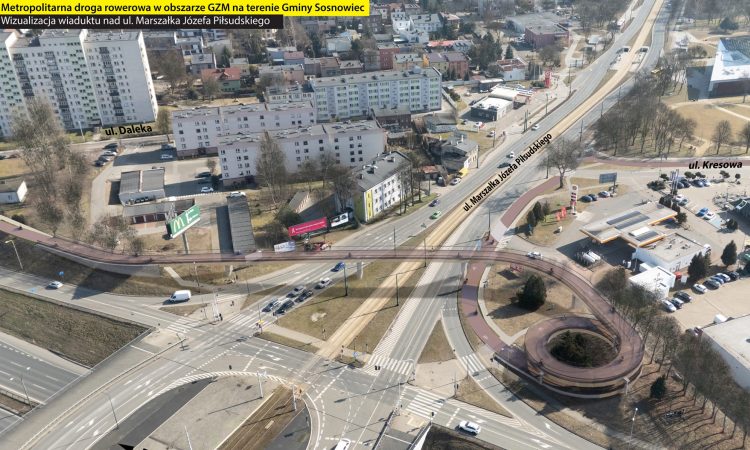 Wizualizacja velostrady w Sosnowcu. Nowoczesna kładka rowerowa nad ul. Piłsudskiego z charakterystyczną spiralą usprawni ruch w obszarze GZM.